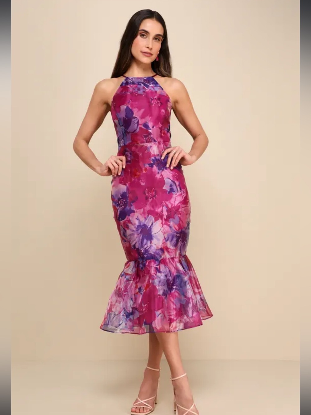 NWT Lulus Admirable Essence Magenta Floral Organza Trumpet Midi Dress M